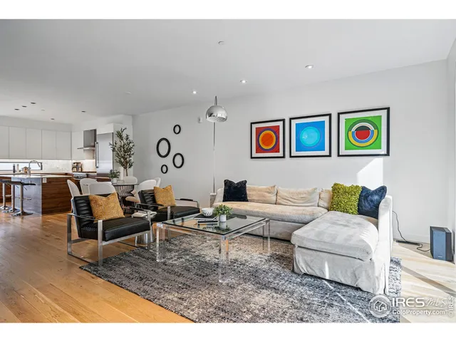 a living room with lots of furniture and kitchen view
