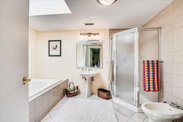 a bathroom with a tub shower sink and mirror