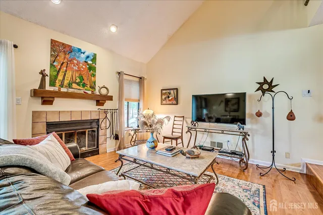 a living room with furniture a flat screen tv and a fireplace
