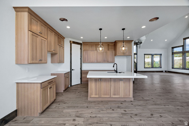300 Knoll Loop, Unit 227 Fish Haven, ID 83287 - Photo 56 of 56 Kitchen featuring vaulted ceiling, a center island with sink, light wood-style flooring, hanging light fixtures, and open floor plan