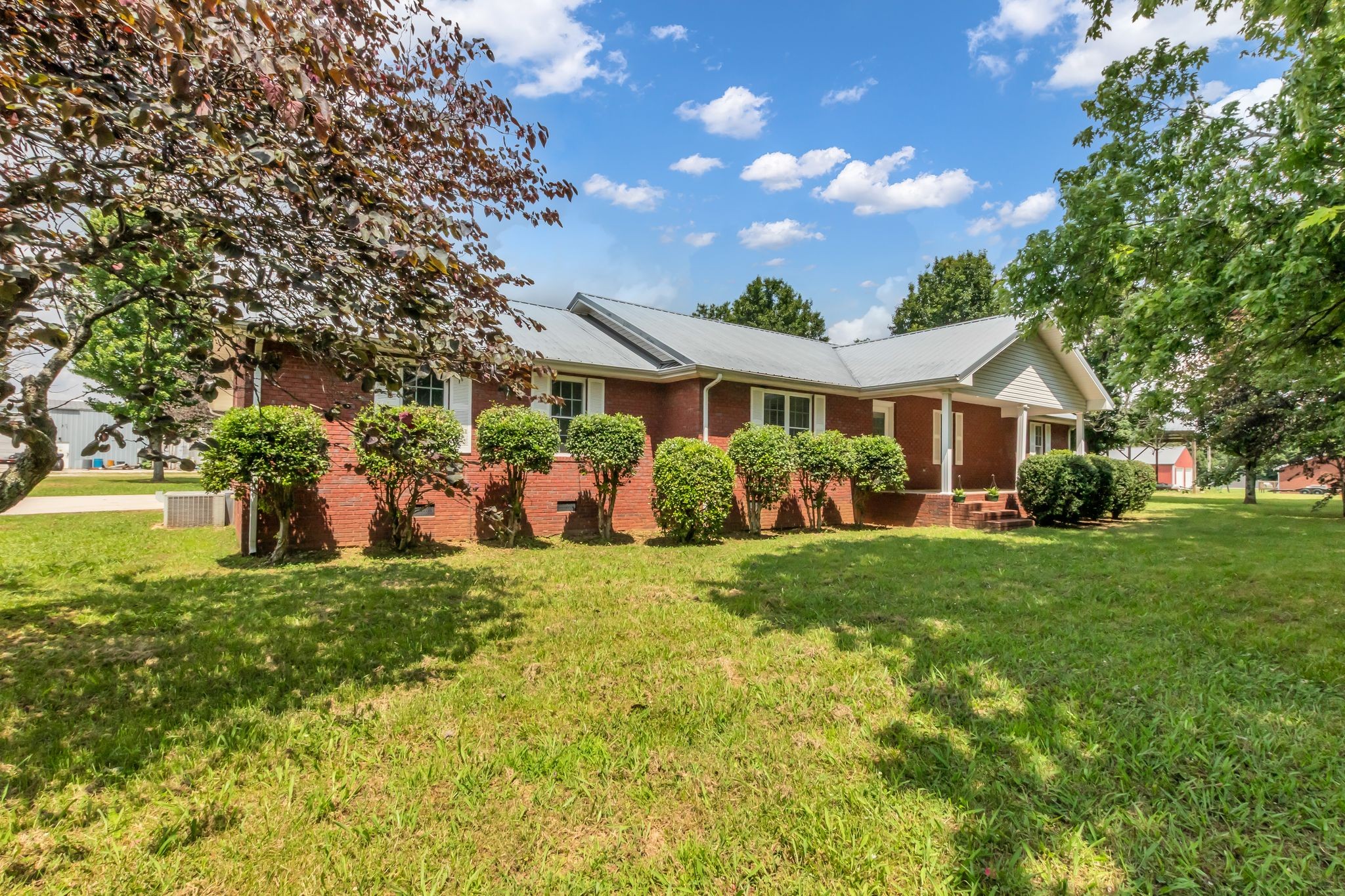 a view of a house with a big yard potted plants and a large tree
