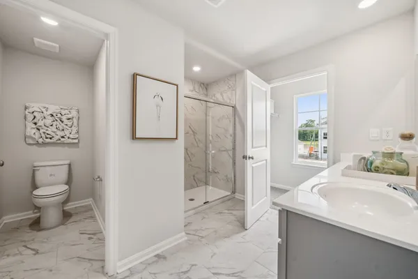 a bathroom with a sink a toilet and shower