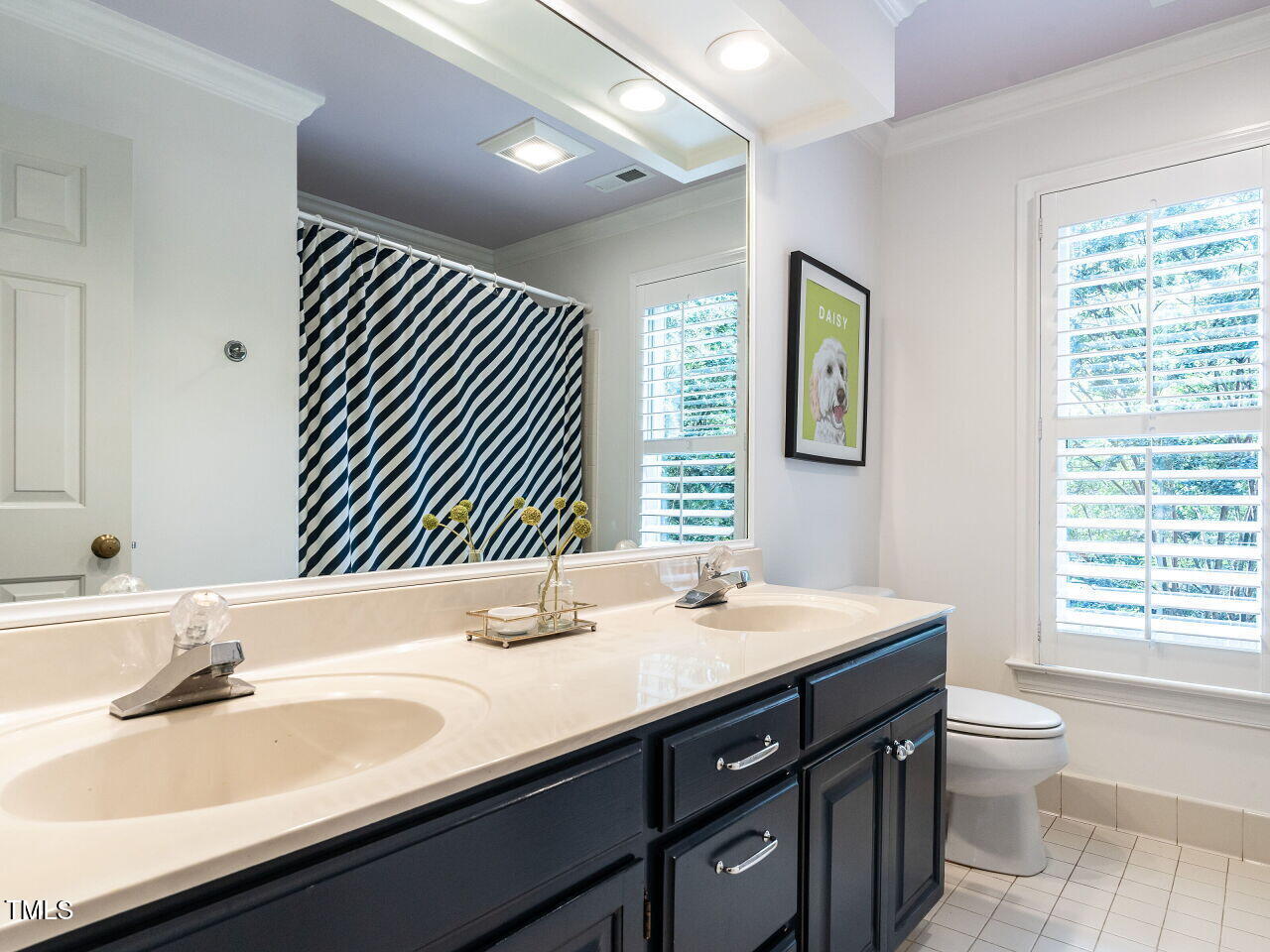 2100 Fallon Oaks Court Raleigh, NC 27608 - Photo 13 of 20 a bathroom with a granite countertop sink a toilet and a large mirror