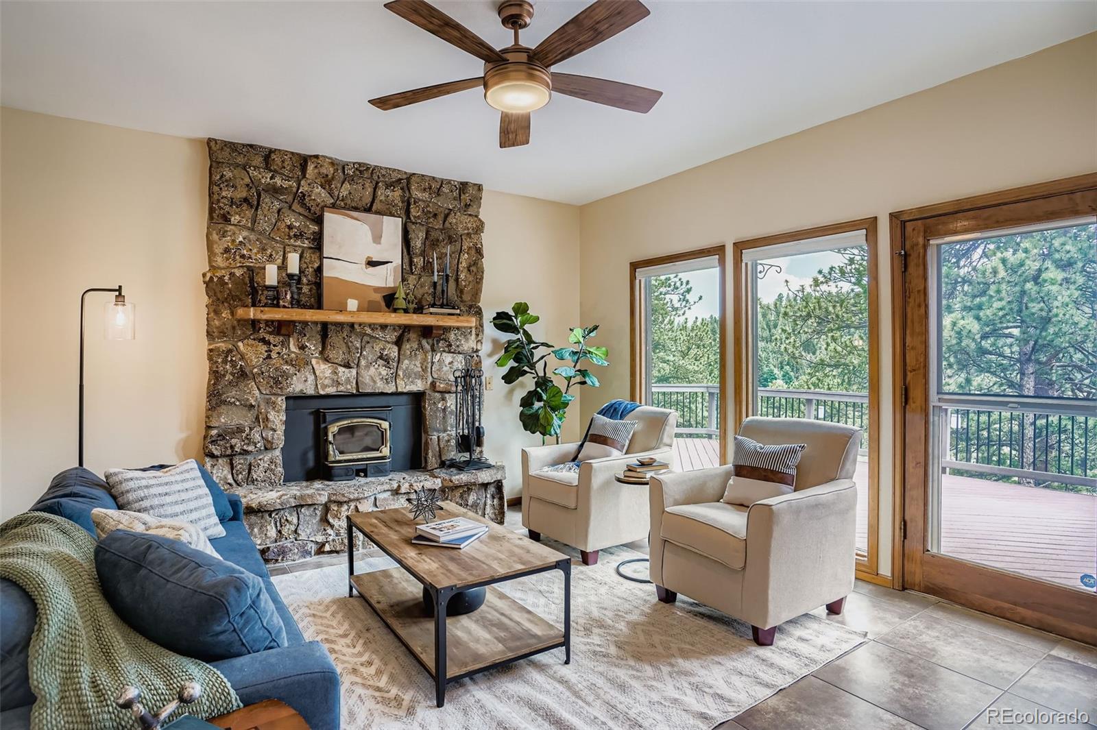 13342 Douglass Ranch Drive Pine, CO 80470 - Photo 12 of 31 a living room with furniture and a fireplace