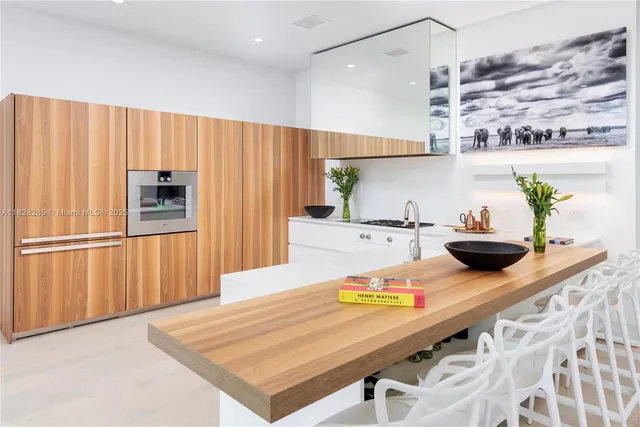 a kitchen with stainless steel appliances a microwave a stove and refrigerator