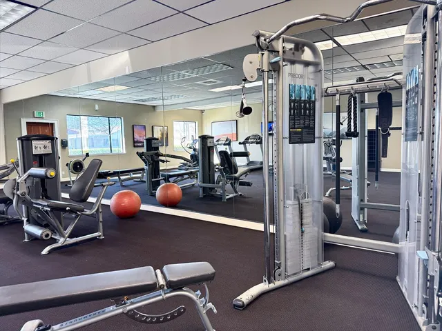 a view of a room with gym equipment