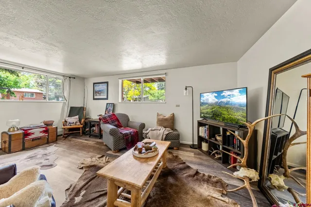 a living room with furniture a window and bookshelf