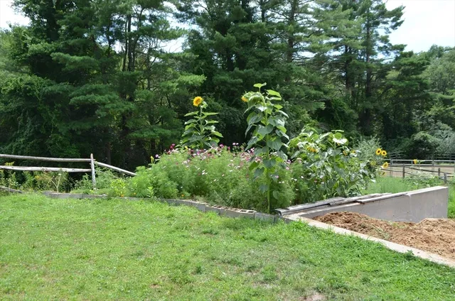 a front view of a house with a garden and sitting area