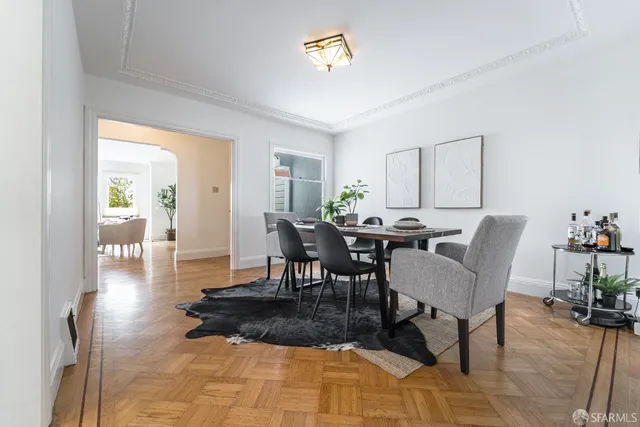 a view of a dining room with furniture