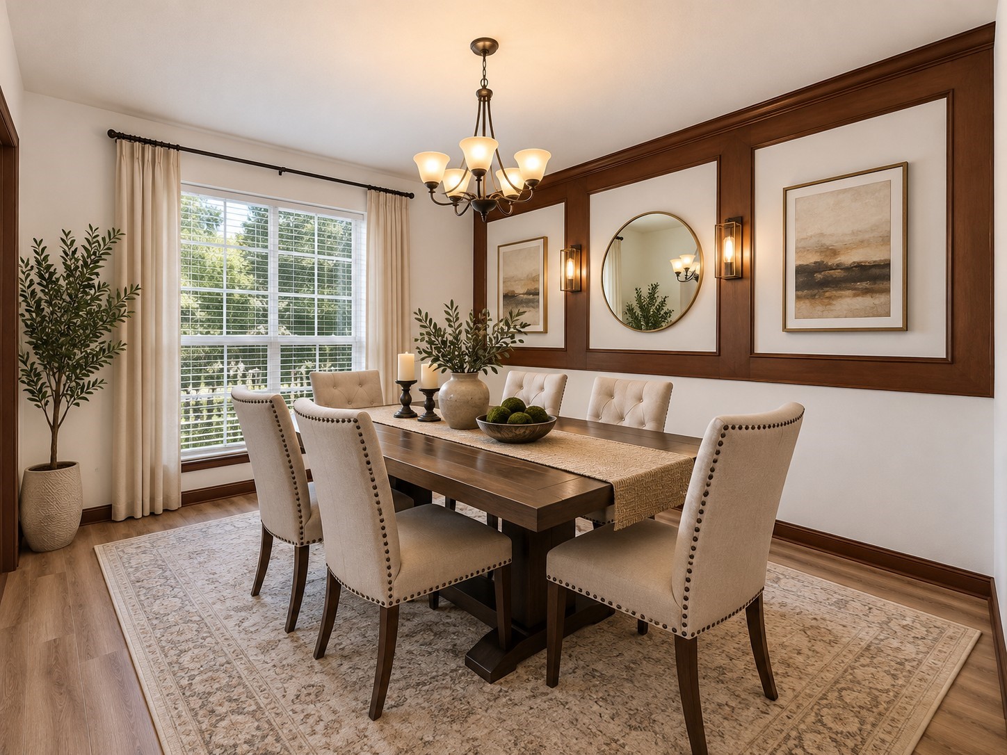 6 Postvine Court Spring, TX 77381 - Photo 12 of 37 Elegant dining space featuring rich wood accents, decorative wall paneling, abundant natural light, and a spacious layout. Tasteful furnishings and warm neutral décor create an inviting setting for everyday dining or entertaining.