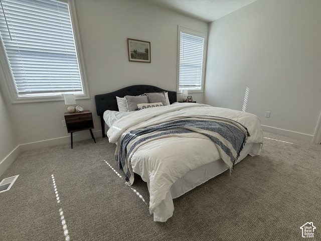 658 West 500 South, Unit 2 Logan, UT 84321 - Photo 9 of 18 Wall-to-wall carpeting, dual windows with blinds, a dark upholstered headboard, and a wood-finish nightstand