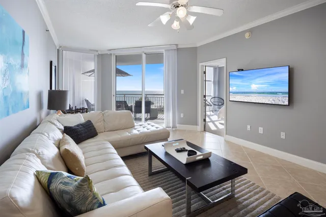 a view of a balcony with wooden floor