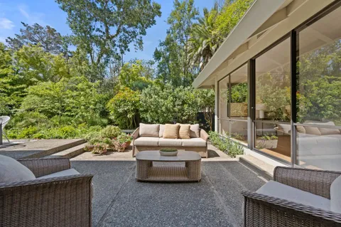 a living room with furniture and a potted plant