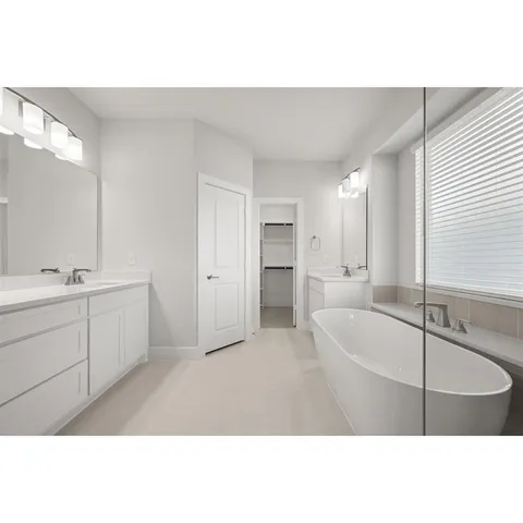 a bathroom with a tub a sink a mirror and a shower