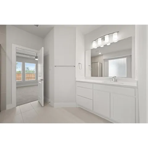 a bathroom with a sink mirror and vanity