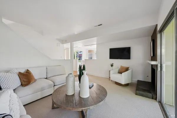 a living room with furniture and a potted plant