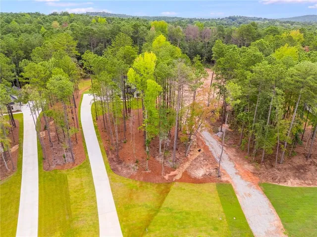 an aerial view of residential house with outdoor space and trees all around