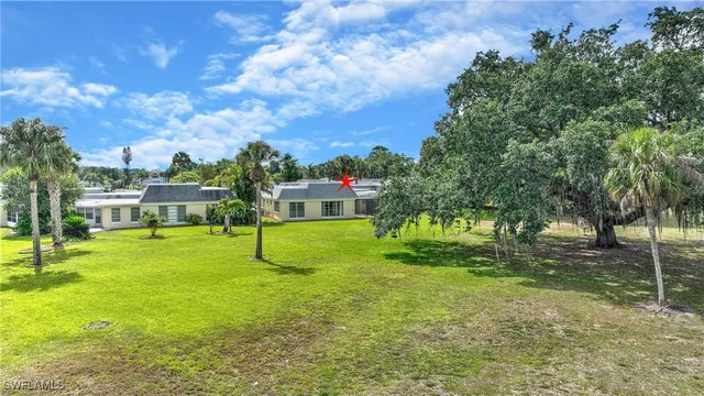 a view of a yard with a fountain