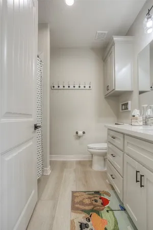 a bathroom with a sink a toilet and mirror