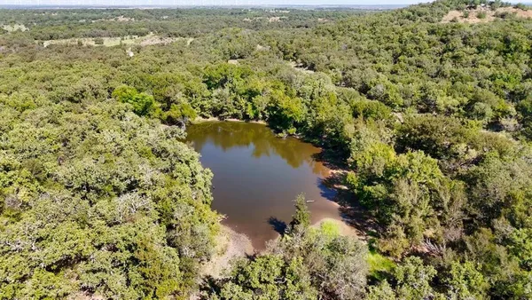 an aerial view of residential houses with outdoor space and trees