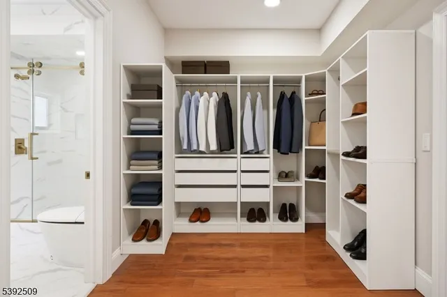 a view of walk in closet with clothes and white walls