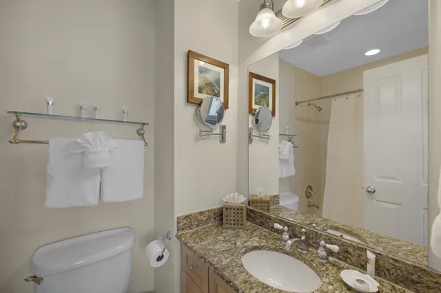 a bathroom with a granite countertop sink toilet and shower