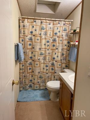 514 West Lake Road Spout Spring, VA 24593 - Photo 14 of 19 a bathroom with a granite countertop toilet a sink and a shower