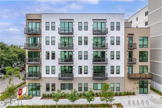 a front view of a multi story building