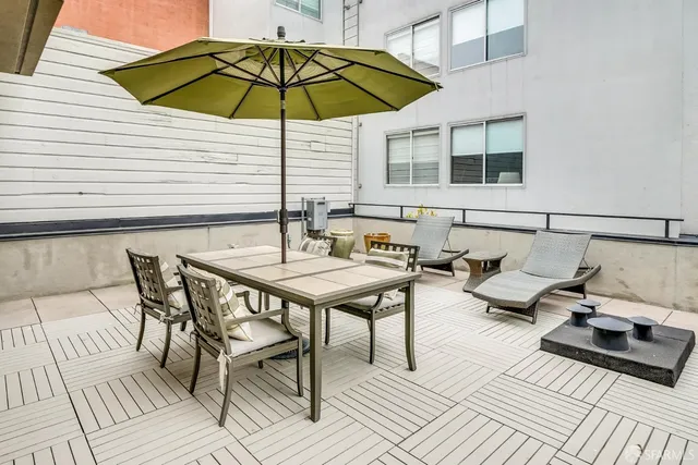 a backyard of a house with table and chairs