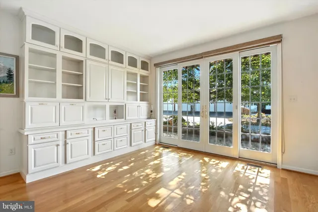 a view of a large window with kitchen area
