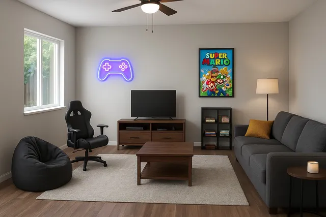 a living room with furniture a flat screen tv and a window