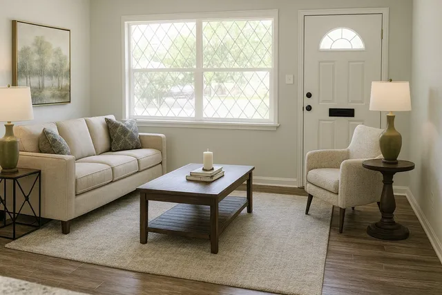 a living room with furniture and a window
