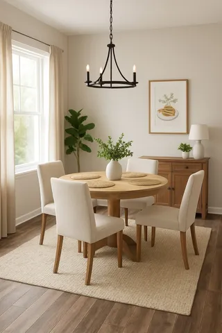 a dining room with furniture a window and a chandelier