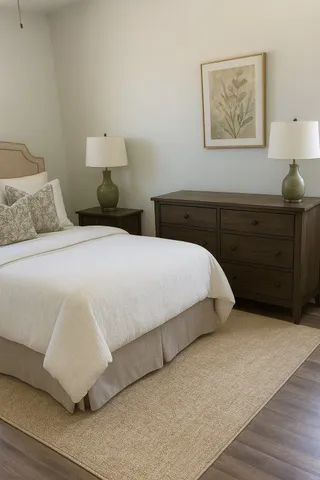 a bedroom with a bed and a night stand