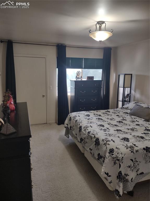 423 Ridge Road Divide, CO 80814 - Photo 22 of 48 a bedroom with a bed and a chandelier