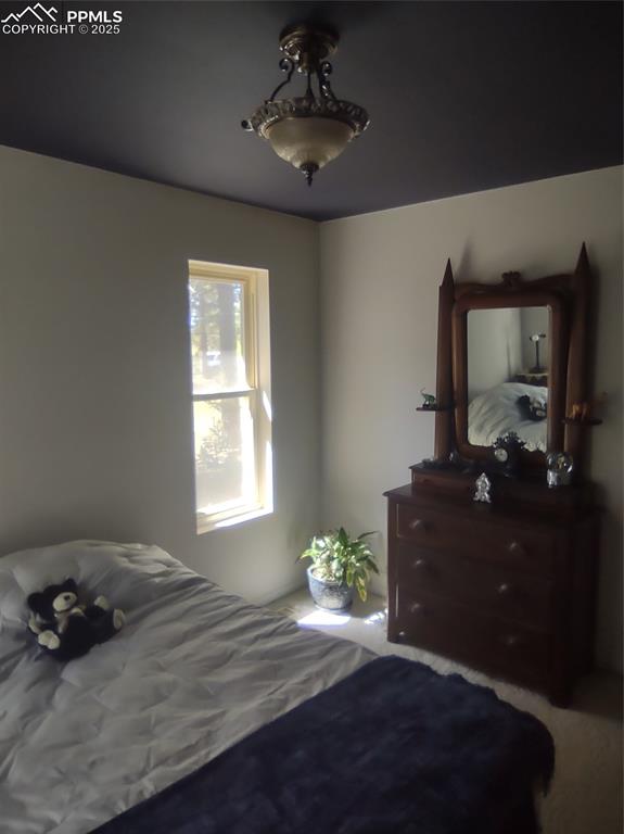 423 Ridge Road Divide, CO 80814 - Photo 28 of 48 a bedroom with a bed potted plant on dresser and a chandelier