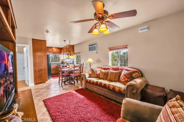 a living room with furniture a rug and a window