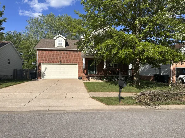 a front view of a house with a yard and tree s