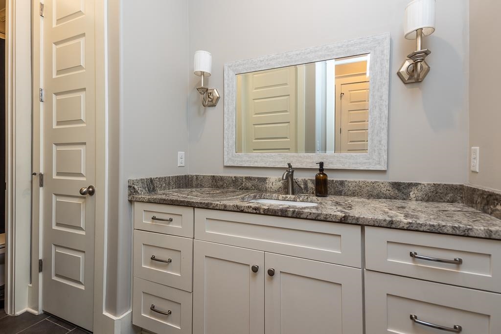 328 Washington Street Collierville, TN 38017 - Photo 19 of 33 Bathroom vanity featuring a stone countertop, undermount sink, and brushed nickel faucet