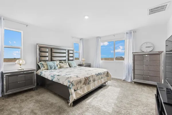 a bedroom with a bed and a dresser