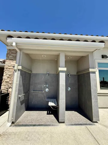 a view of a garage with wooden floor