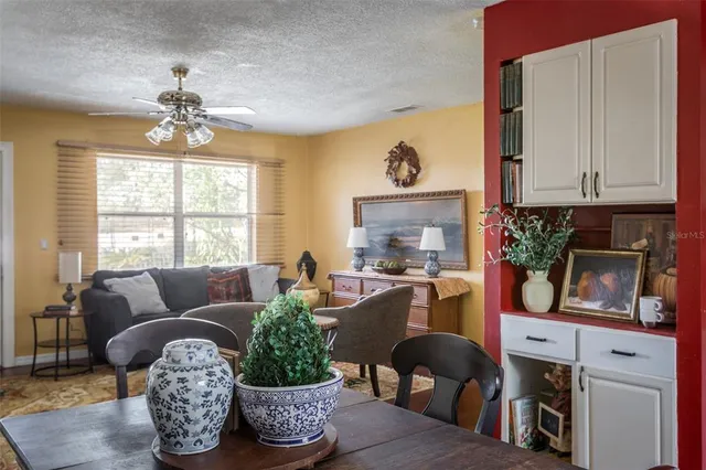 a living room with furniture potted plant and a window