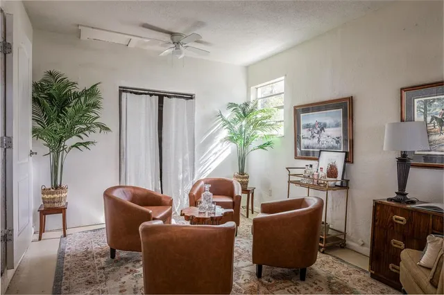 a living room with furniture and a potted plant