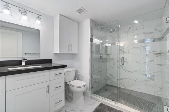 a bathroom with a shower sink vanity and toilet