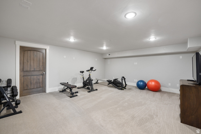 1737 East Viewside Circle Hideout, UT 84036 - Photo 24 of 35 Spacious room featuring neutral carpeting, recessed lighting, and a paneled wood door with white trim