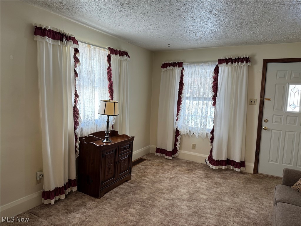281 Shields Road Youngstown, OH 44512 - Photo 3 of 33 Living room featuring a textured ceiling, baseboards, light colored carpet, and a healthy amount of sunlight