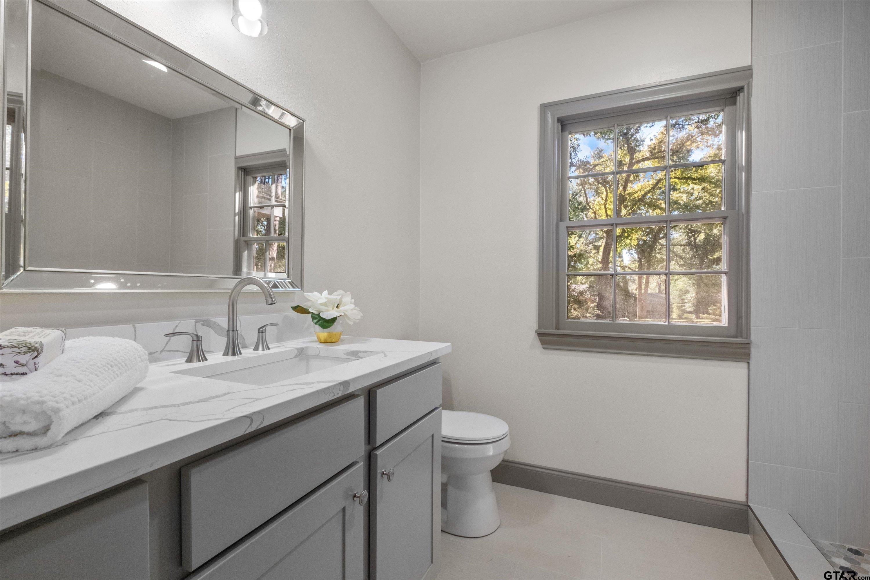 2126 McDonald Road Tyler, TX 75701 - Photo 24 of 26 a bathroom with a granite countertop sink a toilet and a window