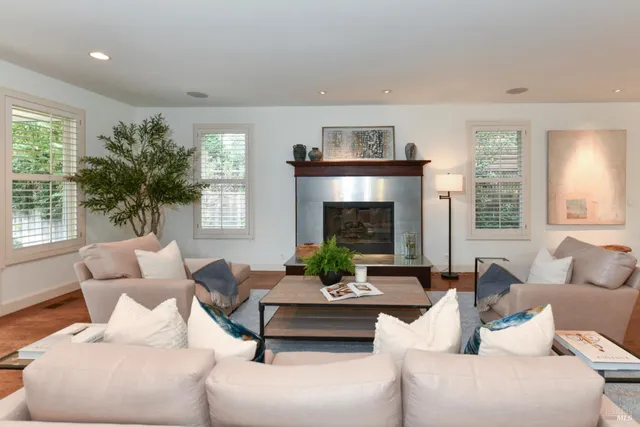 a living room with furniture and a fireplace