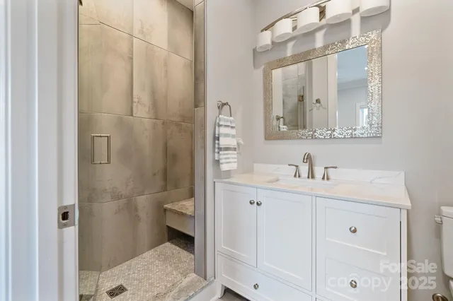 a bathroom with a granite countertop sink a toilet and a shower