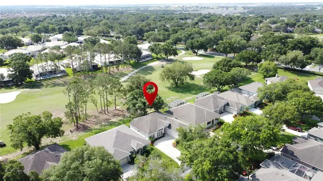 an aerial view of a house with a yard and large trees